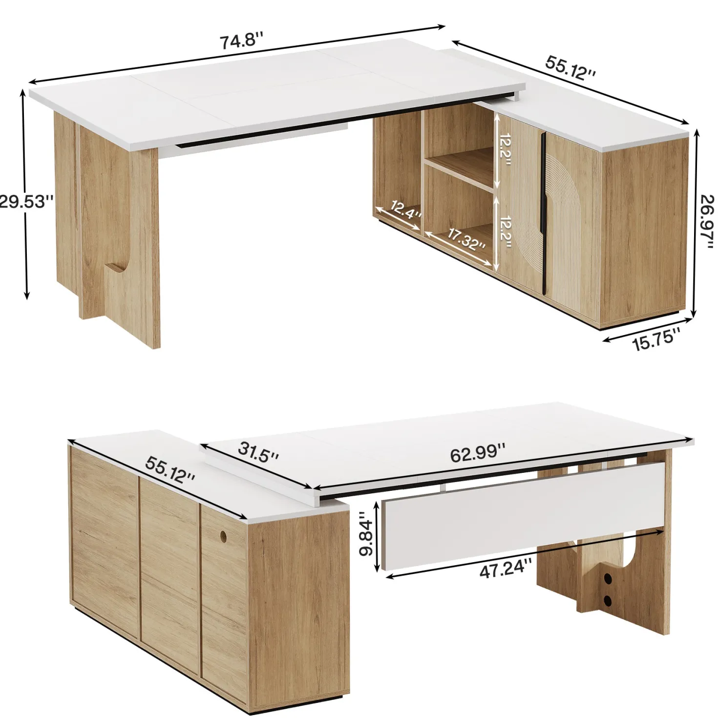 74" Executive Desk, L-Shaped Computer Desk Office Desk With Cabinet