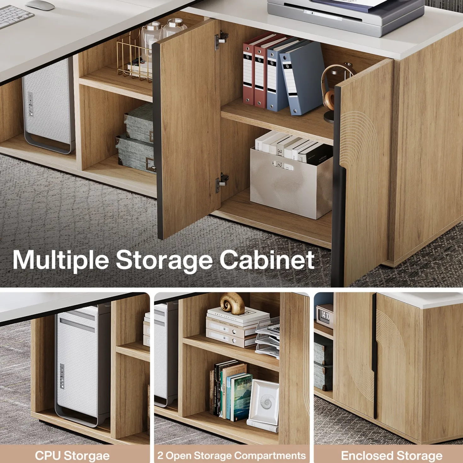 74" Executive Desk, L-Shaped Computer Desk Office Desk With Cabinet