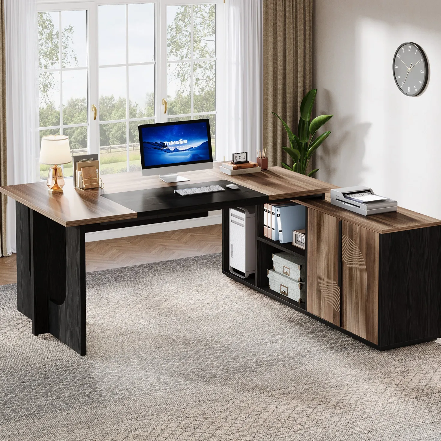 74" Executive Desk, L-Shaped Computer Desk Office Desk With Cabinet