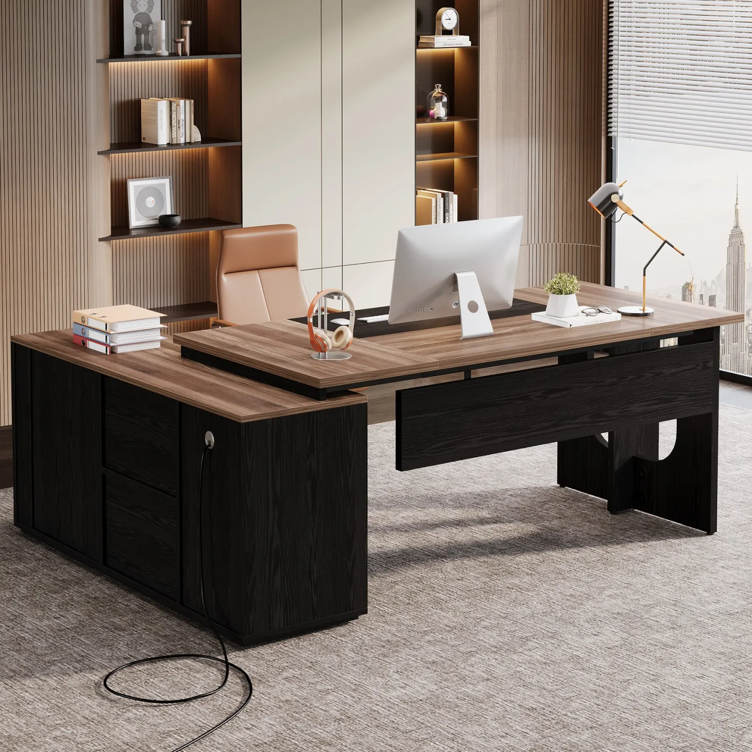 74" Executive Desk, L-Shaped Computer Desk Office Desk With Cabinet