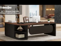 80" Executive Desk, L-Shaped Computer Desk with Storage Drawers