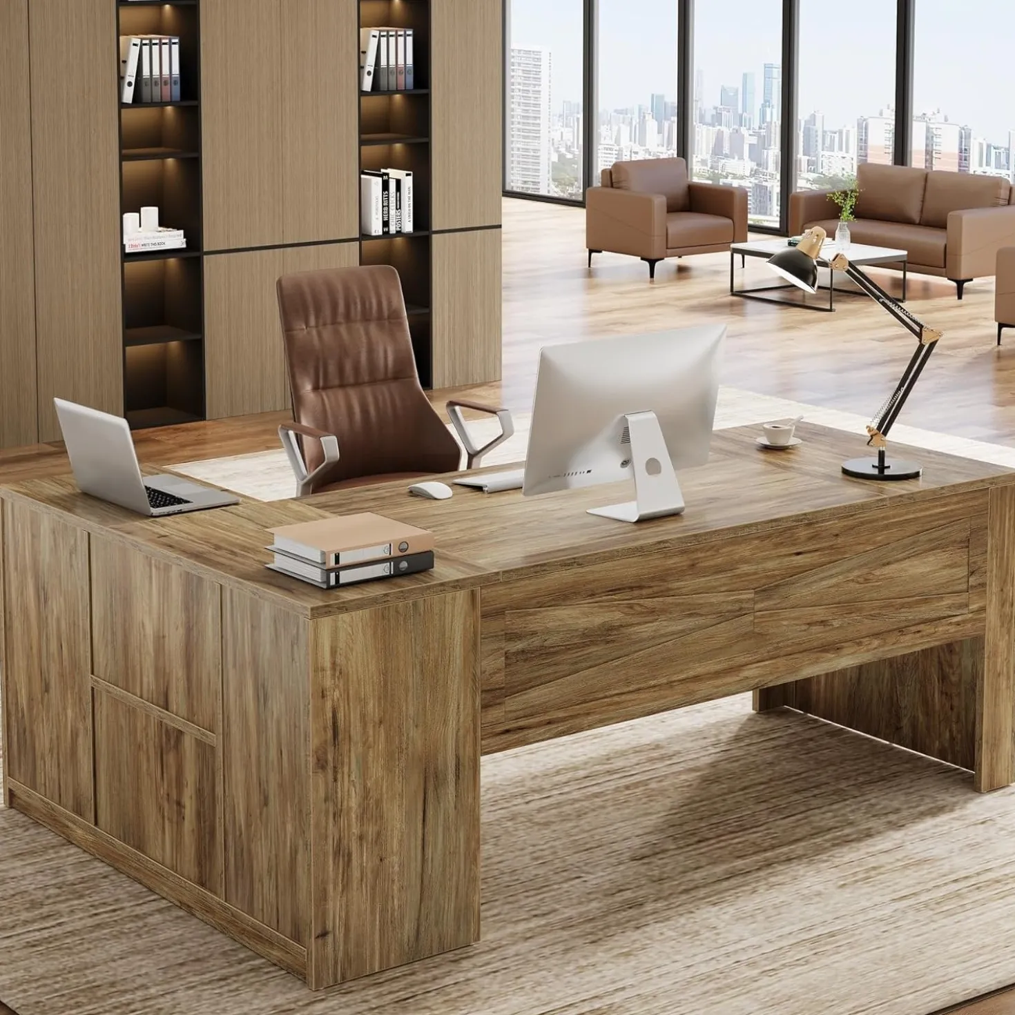 70.8" Executive Desk, L-Shaped Computer Table with Storage Cabinet