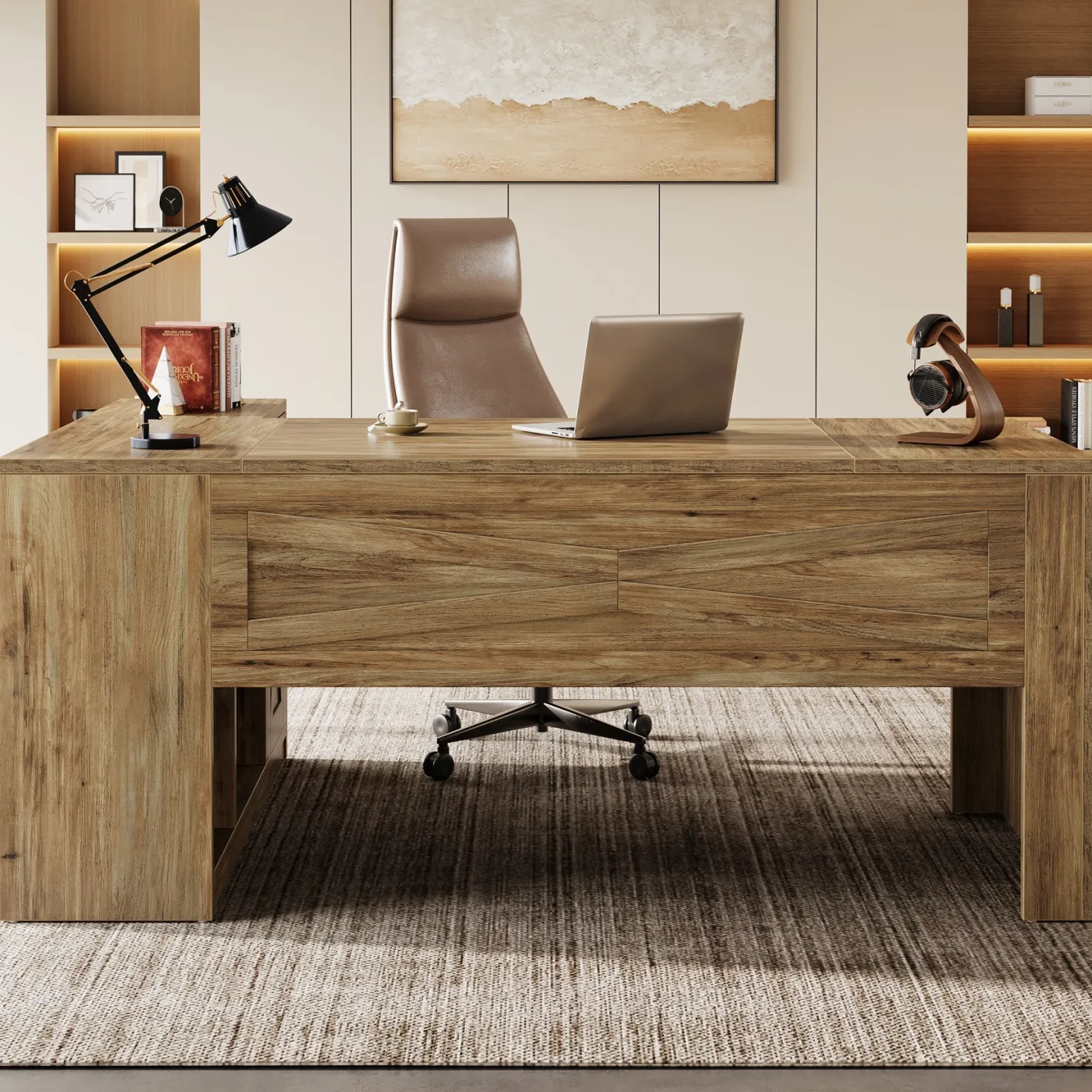 70.8" Executive Desk, L-Shaped Computer Table with Storage Cabinet