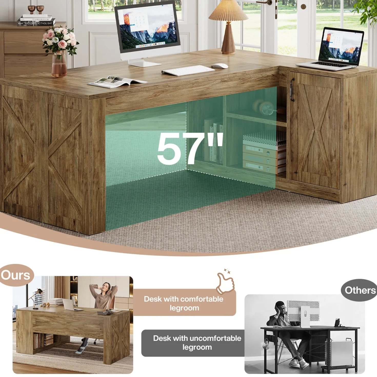 70.8" Executive Desk, L-Shaped Computer Table with Storage Cabinet