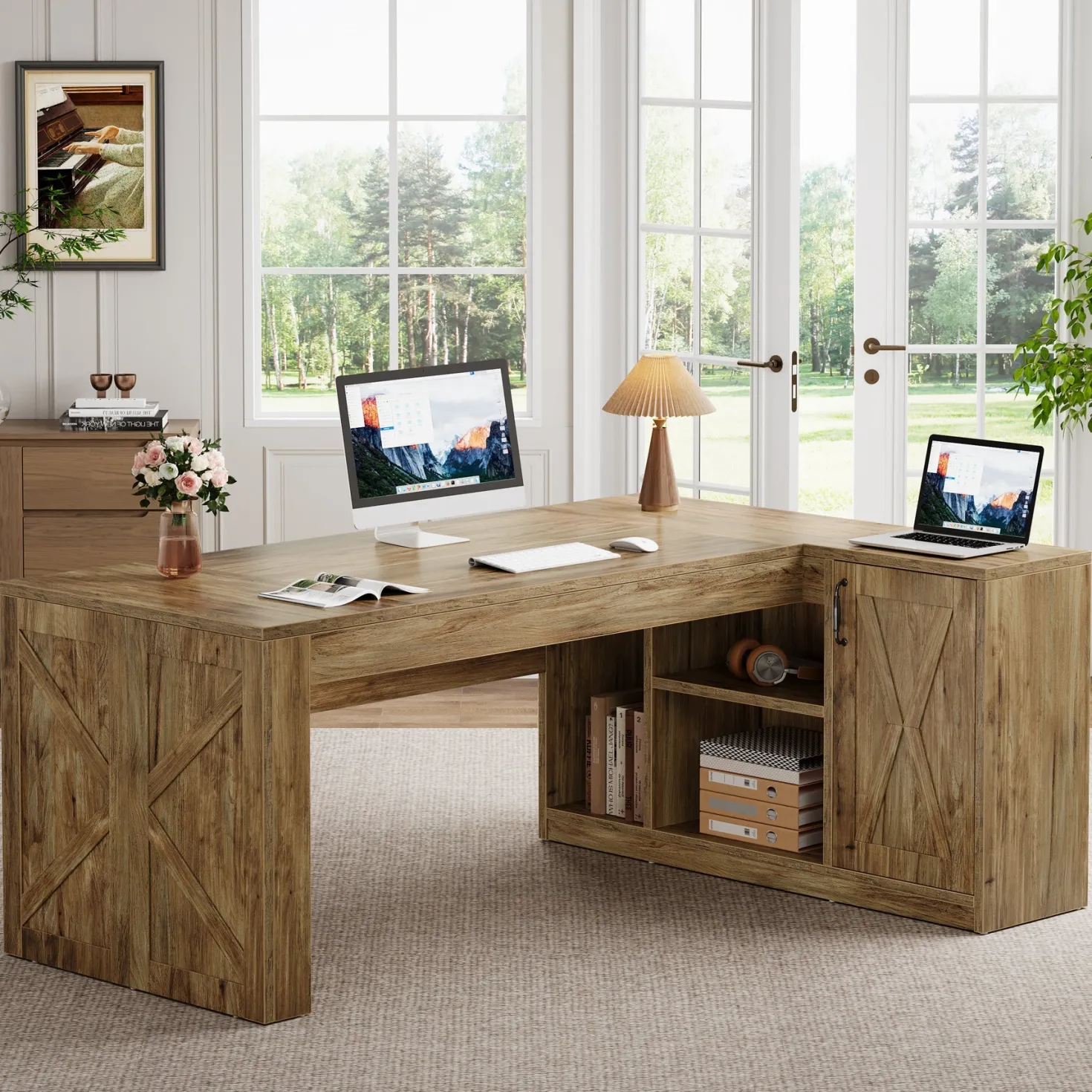 70.8" Executive Desk, L-Shaped Computer Table with Storage Cabinet