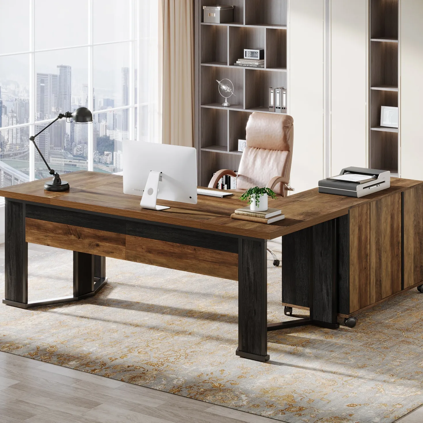 70.8" Executive Desk, L-Shaped Home Office Desk with File Cabinet