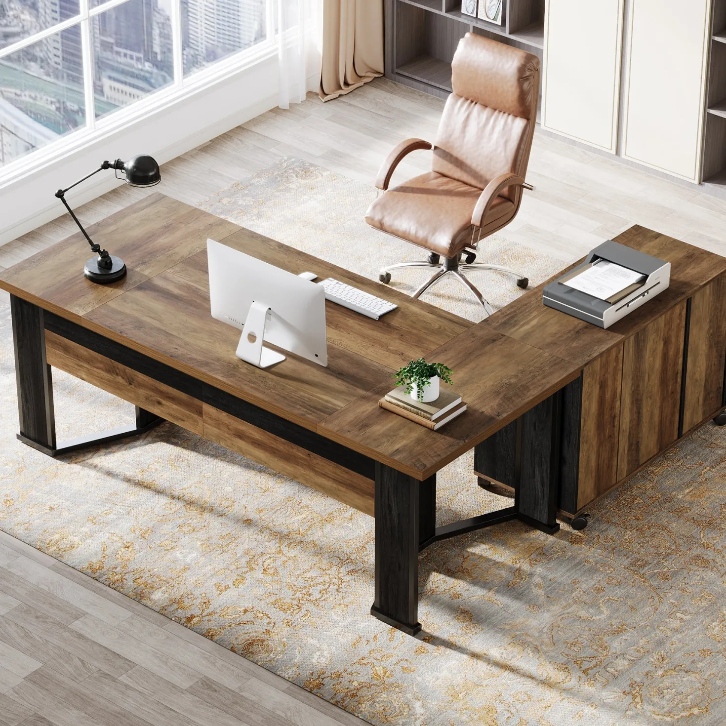 70.8" Executive Desk, L-Shaped Home Office Desk with File Cabinet