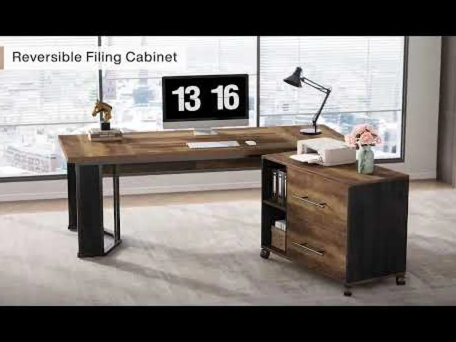 70.8" Executive Desk, L-Shaped Home Office Desk with File Cabinet