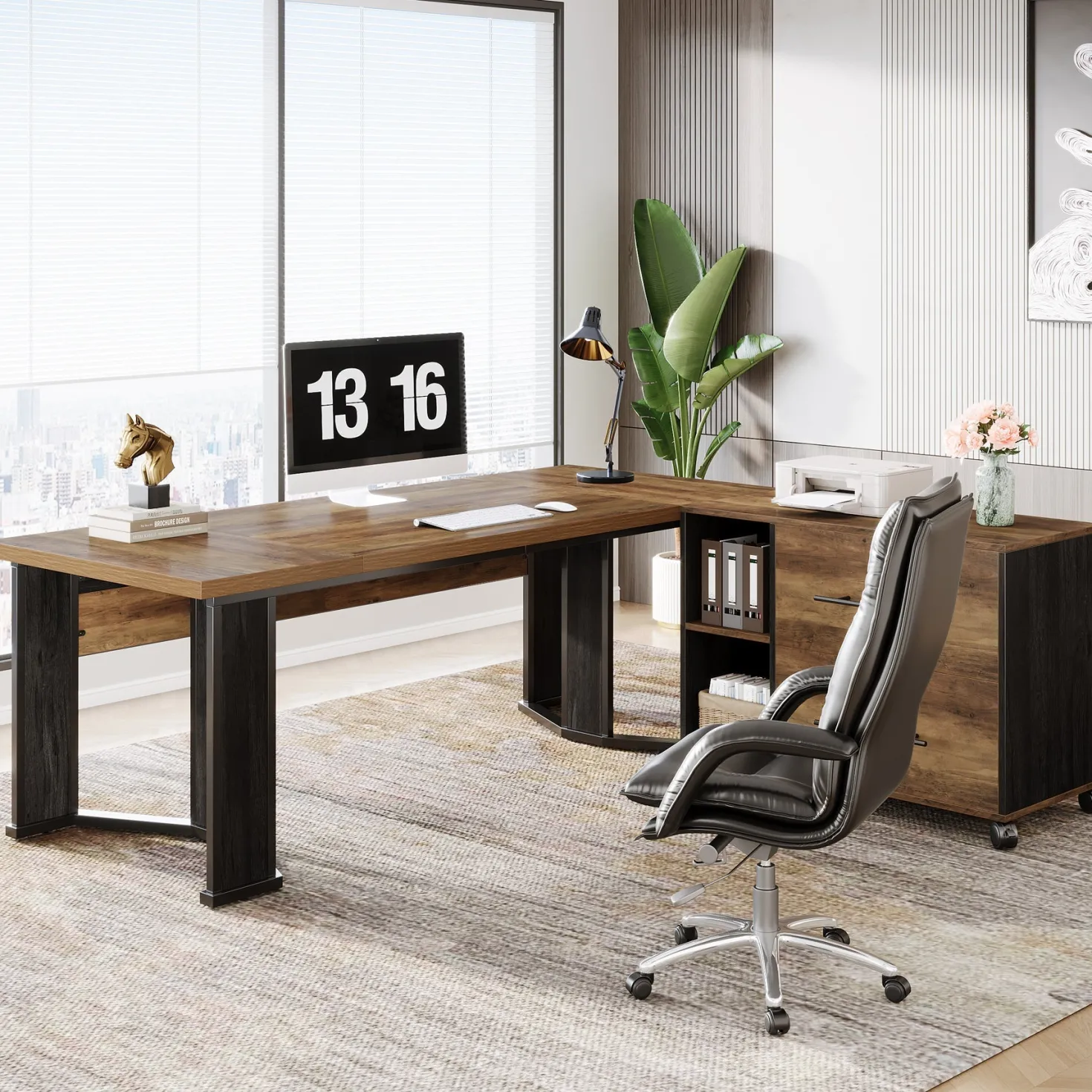 70.8" Executive Desk, L-Shaped Home Office Desk with File Cabinet