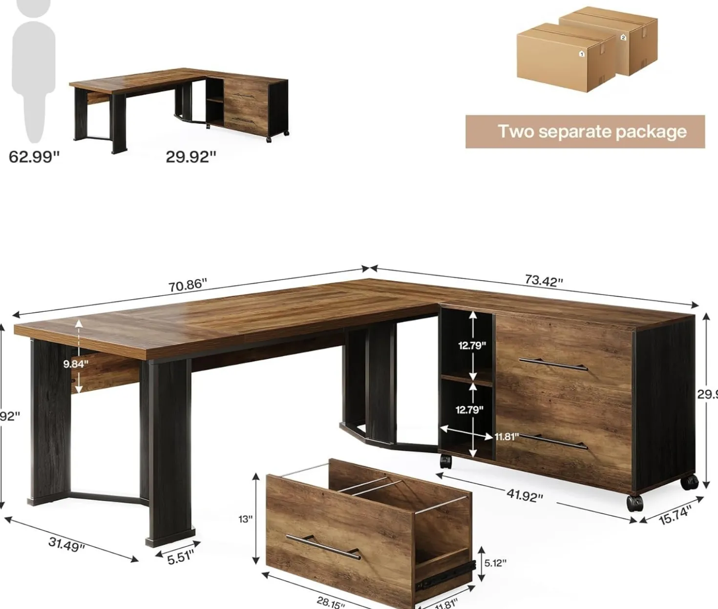 70.8" Executive Desk, L-Shaped Home Office Desk with File Cabinet