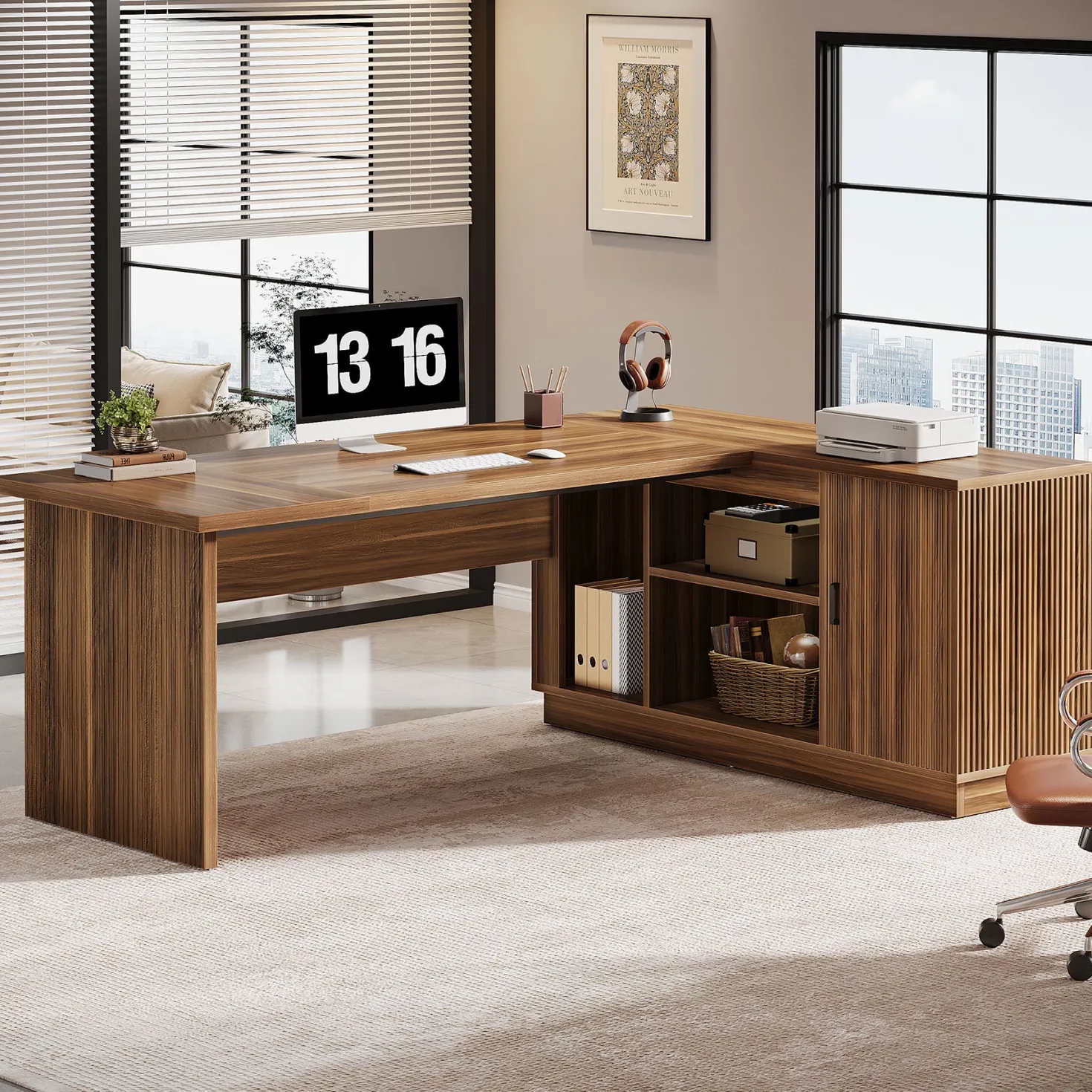 71" Executive Desk, L-Shaped Office Computer Table with File Cabinet