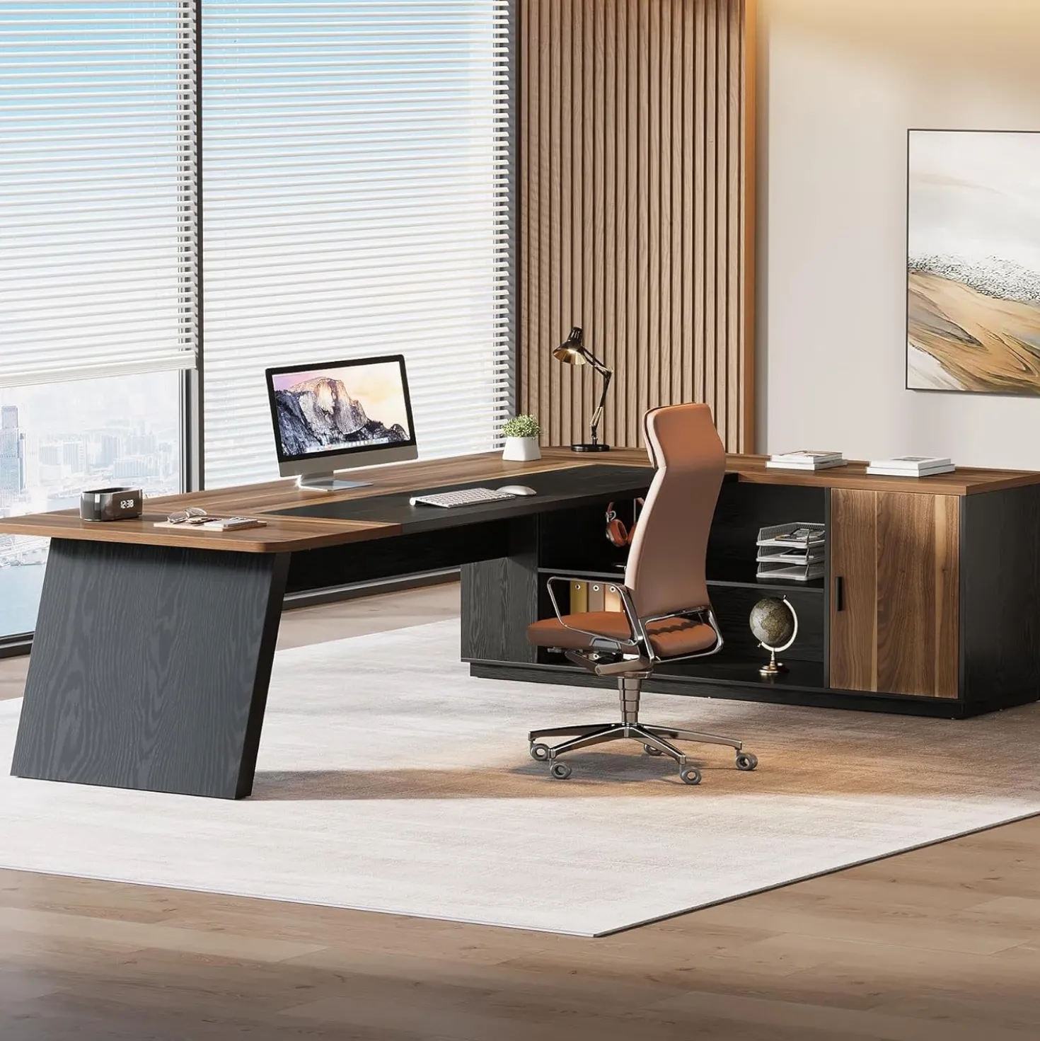 79" Executive Desk, L-Shaped Office Compter Desk with Cabinet for Home Office
