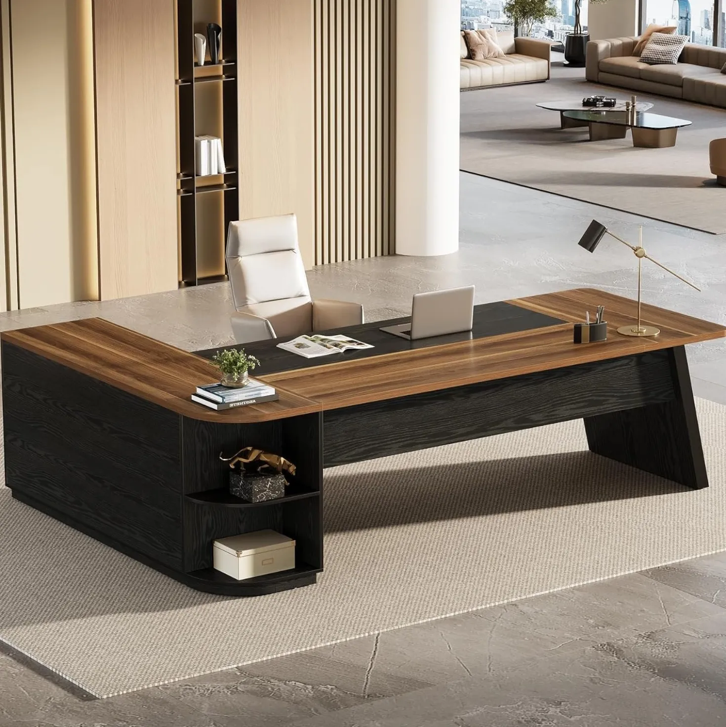79" Executive Desk, L-Shaped Office Compter Desk with Cabinet for Home Office