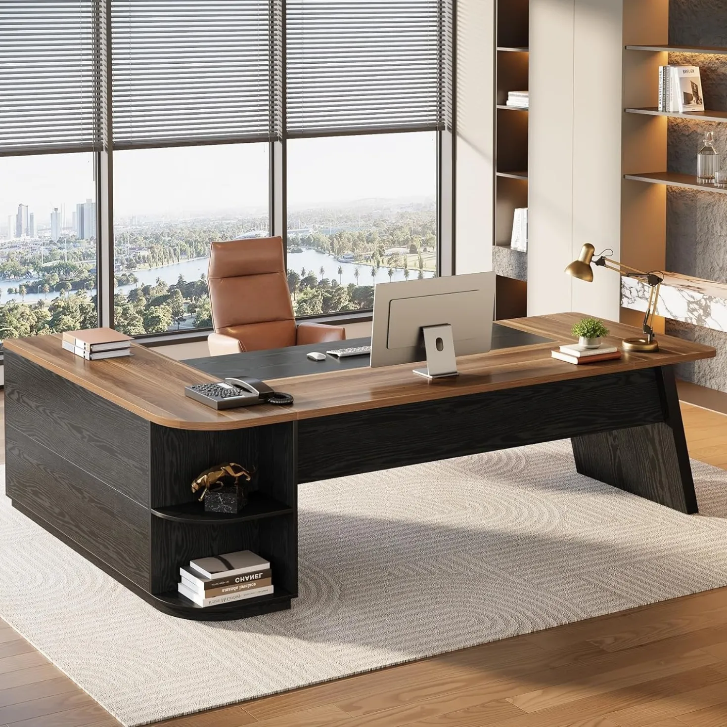 79" Executive Desk, L-Shaped Office Compter Desk with Cabinet for Home Office