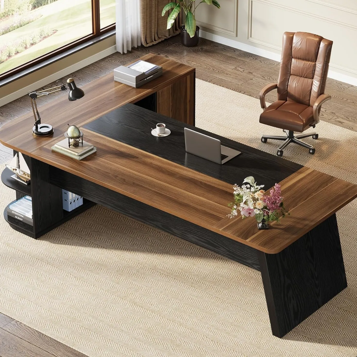 79" Executive Desk, L-Shaped Office Compter Desk with Cabinet for Home Office