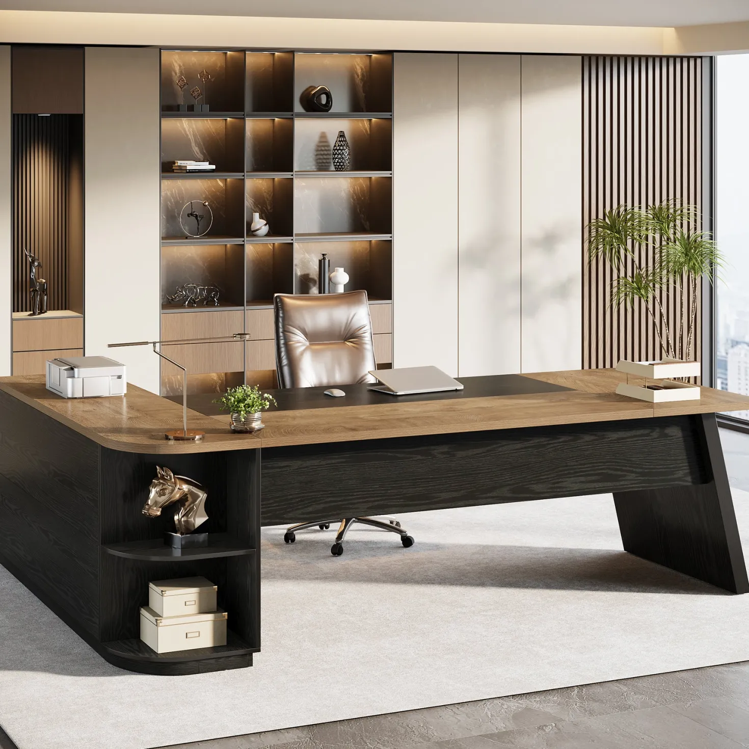 79" Executive Desk, L-Shaped Office Compter Desk with Cabinet for Home Office