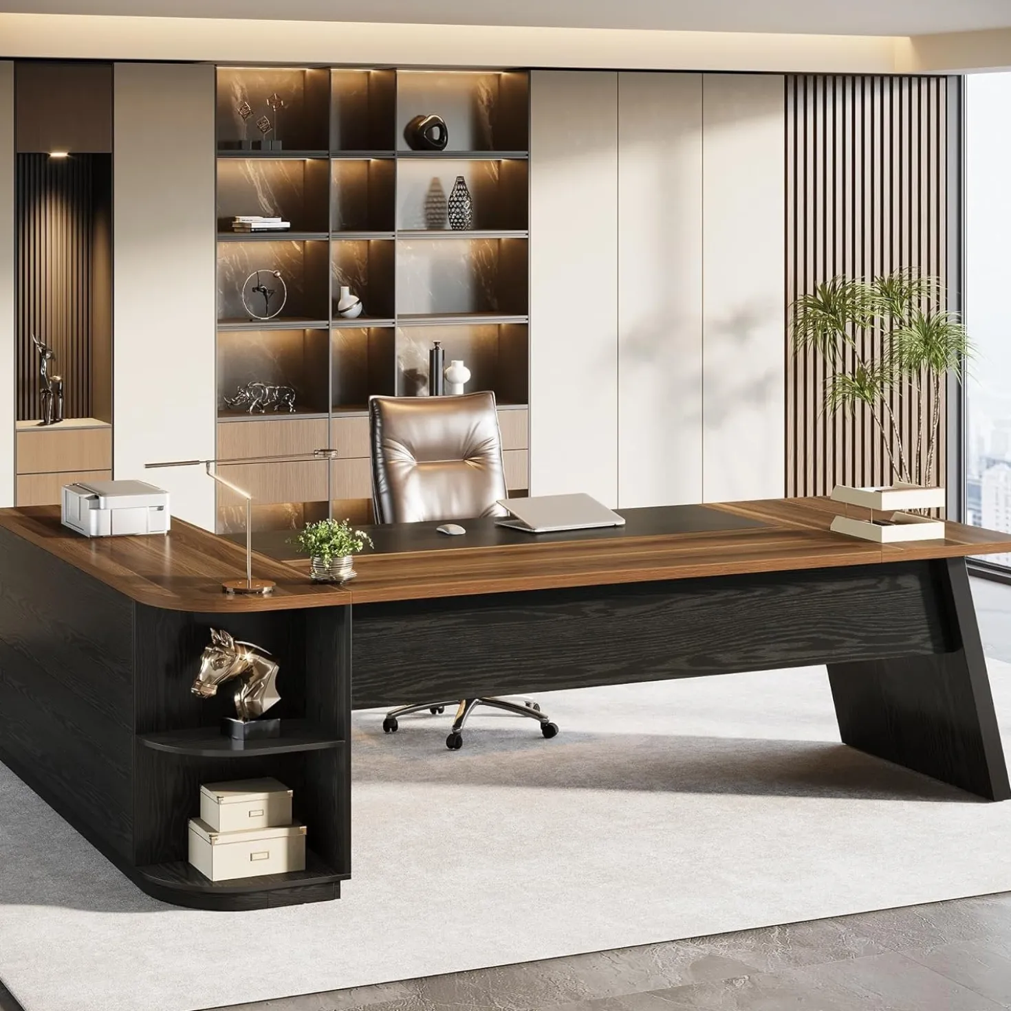 79" Executive Desk, L-Shaped Office Compter Desk with Cabinet for Home Office