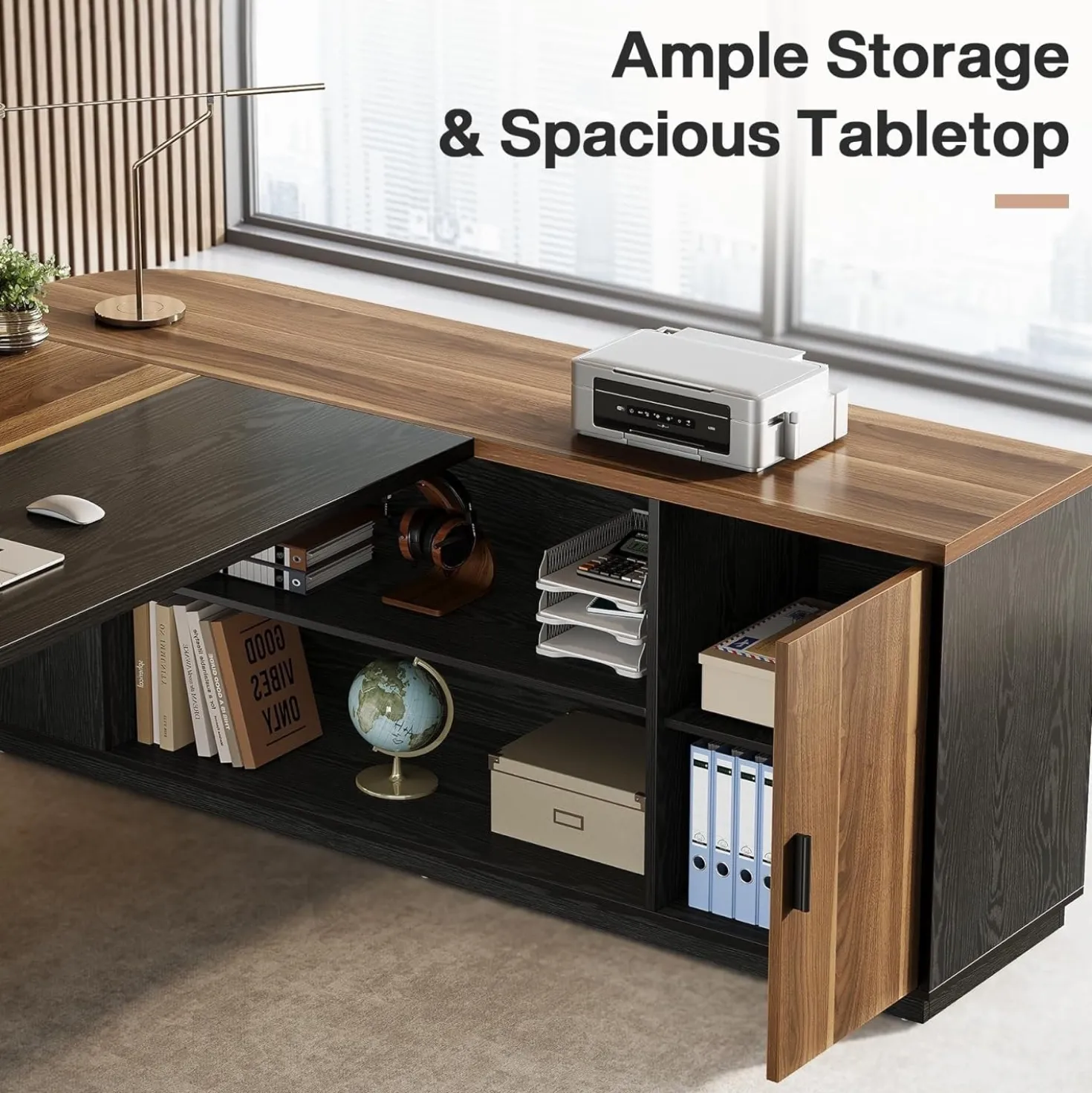 79" Executive Desk, L-Shaped Office Compter Desk with Cabinet for Home Office