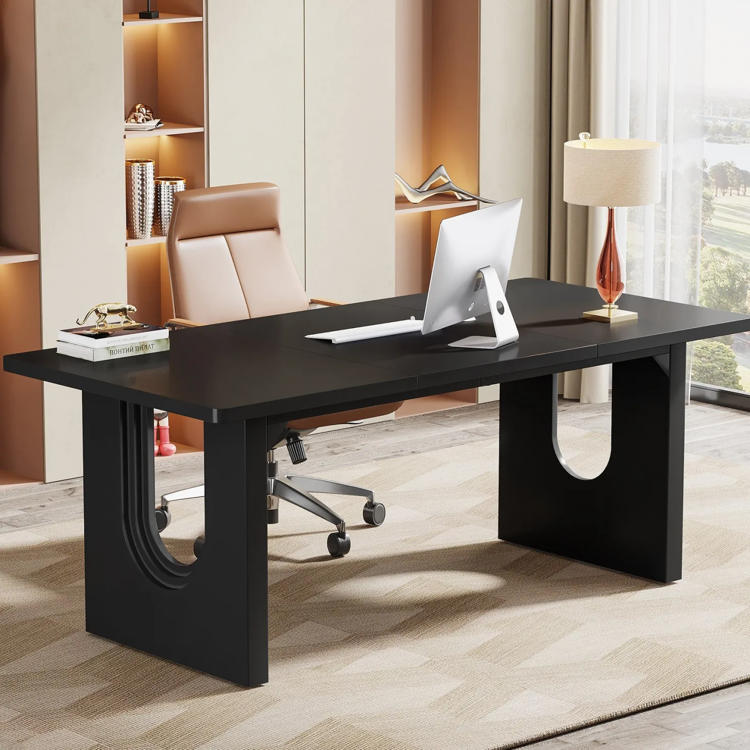 71" Executive Desk, Modern Executive Office Table with Wood Double Pedestal Base