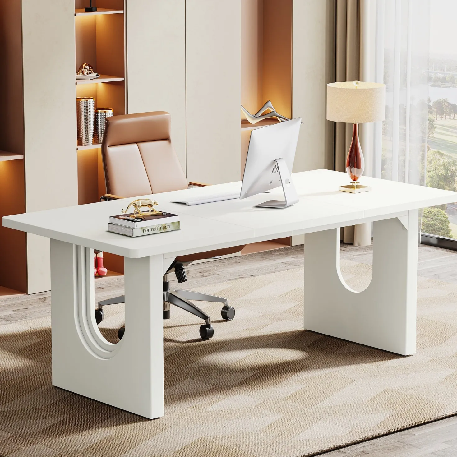 71" Executive Desk, Modern Executive Office Table with Wood Double Pedestal Base