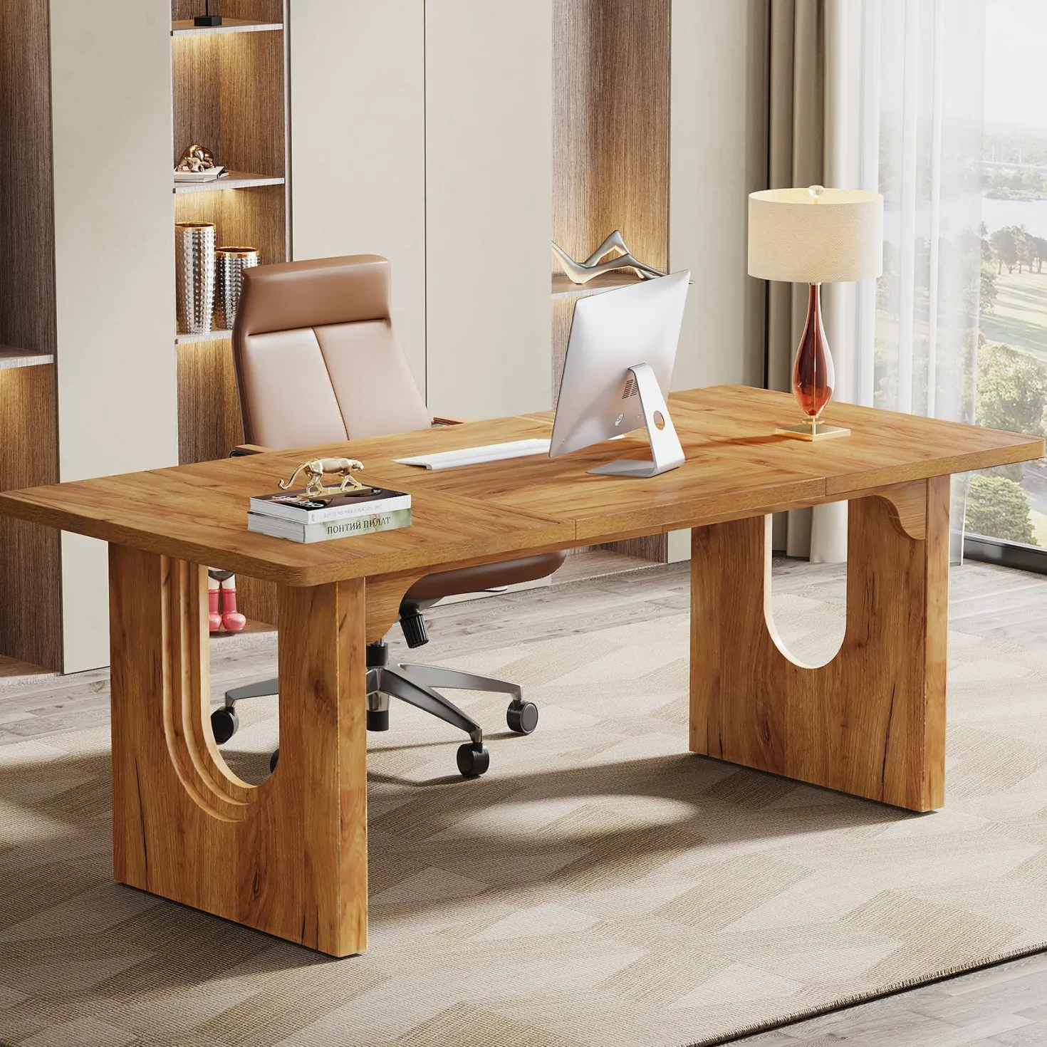 71" Executive Desk, Modern Executive Office Table with Wood Double Pedestal Base
