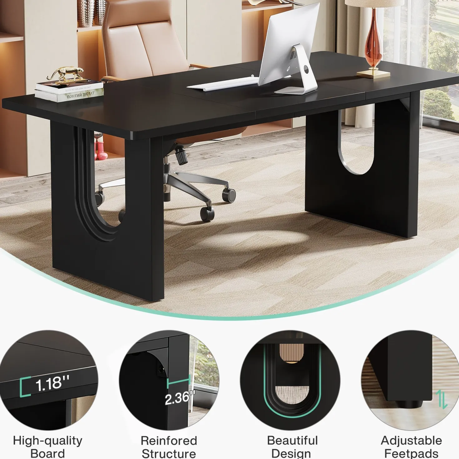 71" Executive Desk, Modern Executive Office Table with Wood Double Pedestal Base