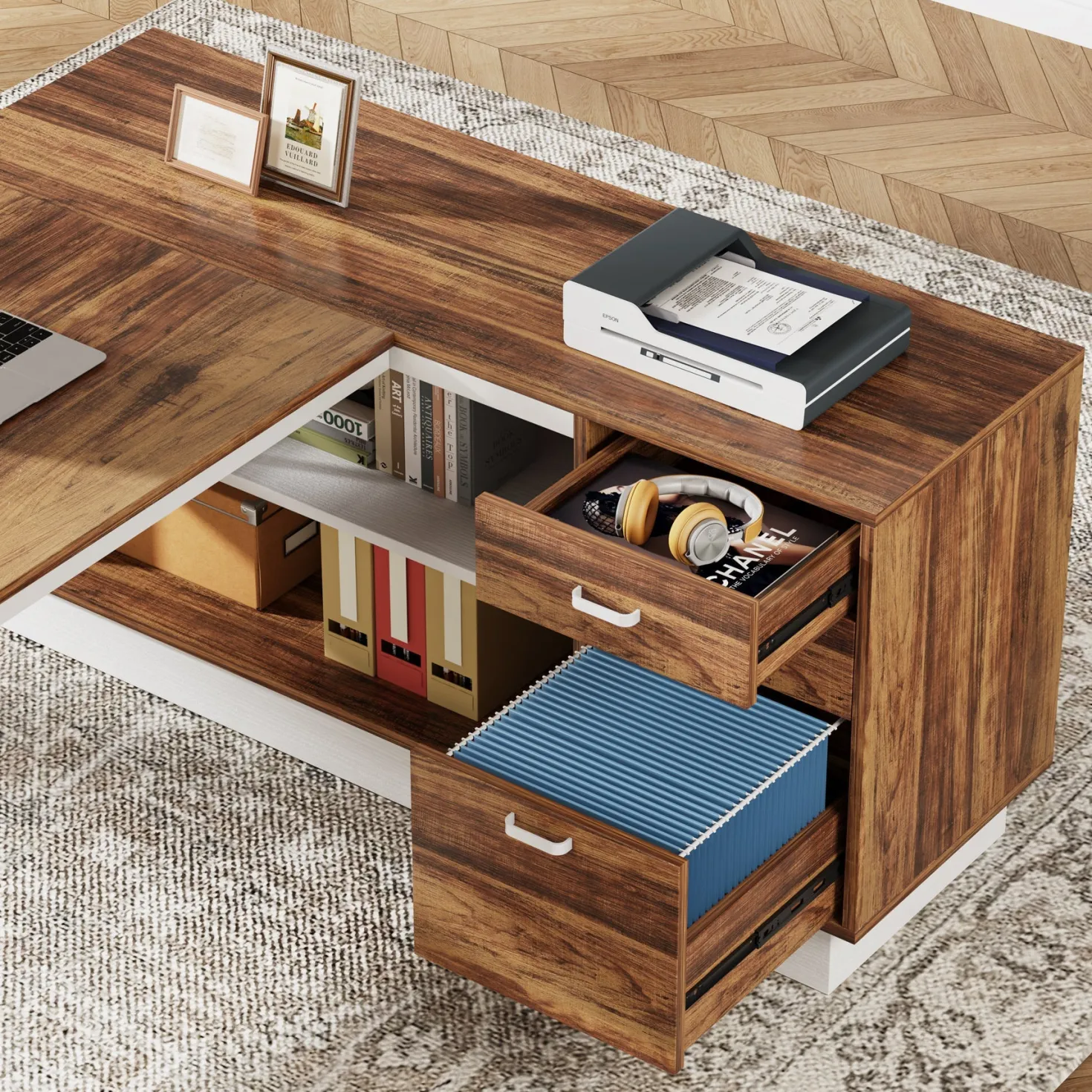 71" Executive Desk, Modern L-Shaped Computer Desk with Cabinet