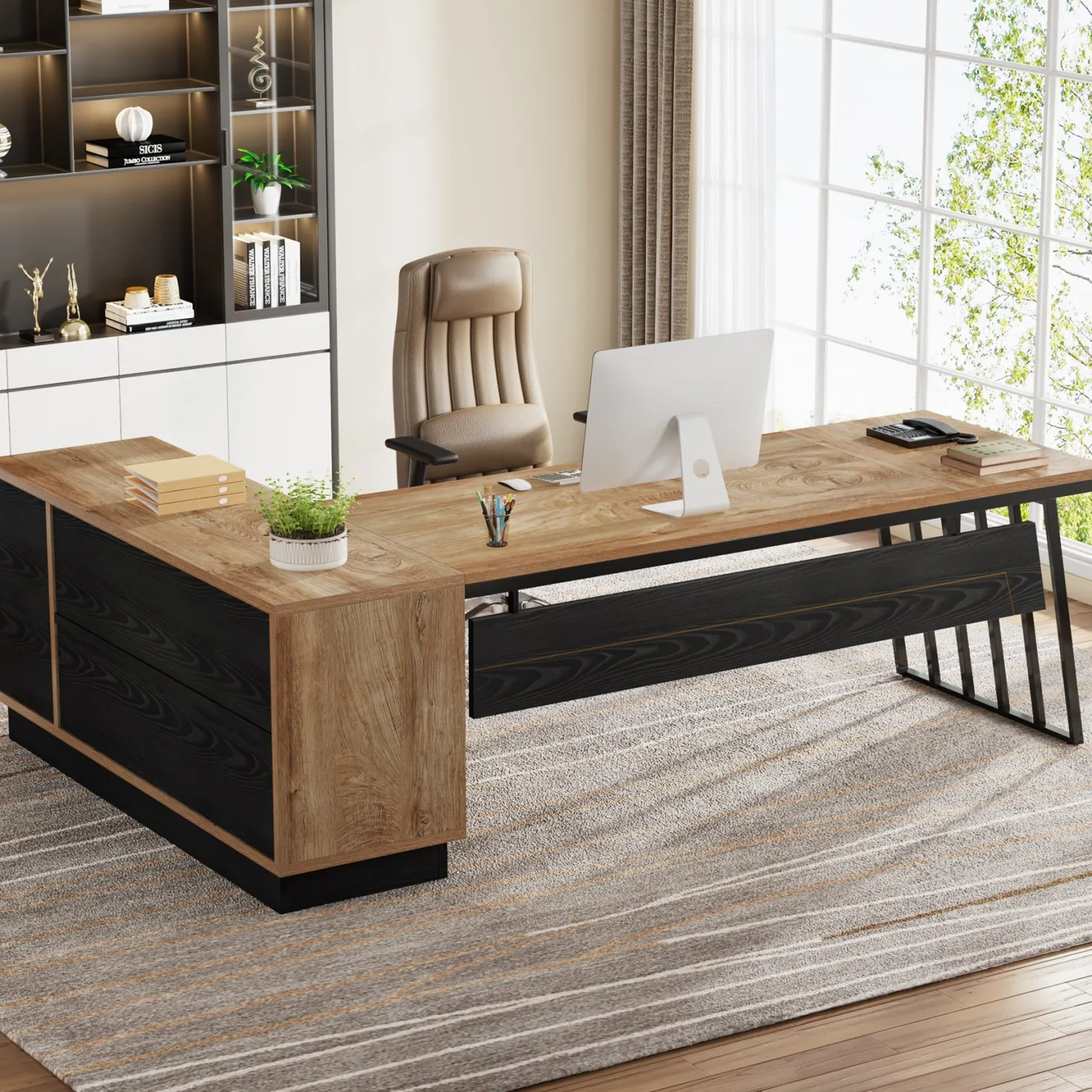 71" Executive Desk, Modern L-Shaped Computer Desk with Cabinet