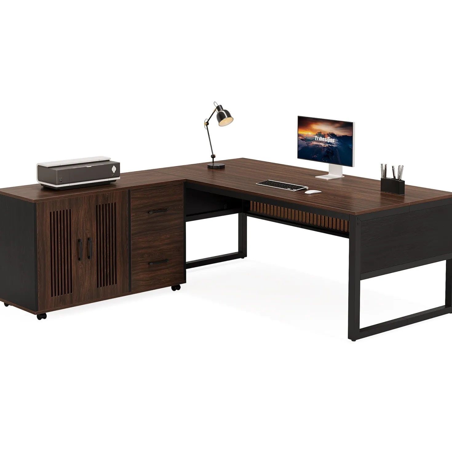 63" Executive Desk, Modern L-Shaped Computer Desk with Mobile File Cabinet