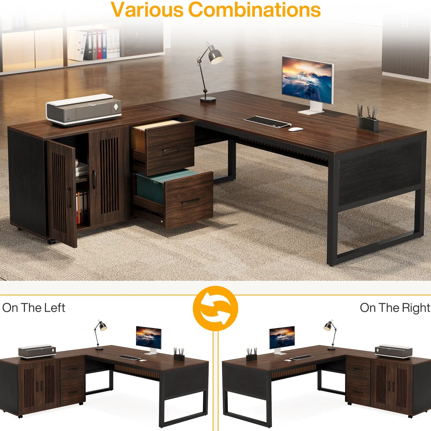 63" Executive Desk, Modern L-Shaped Computer Desk with Mobile File Cabinet