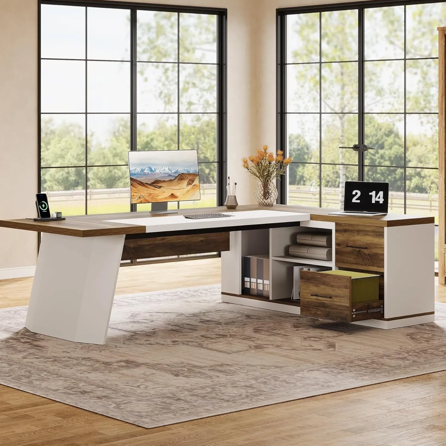 78.7" Executive Desk, Modern L-Shaped Office Desk with 55.1" Storage Cabinet
