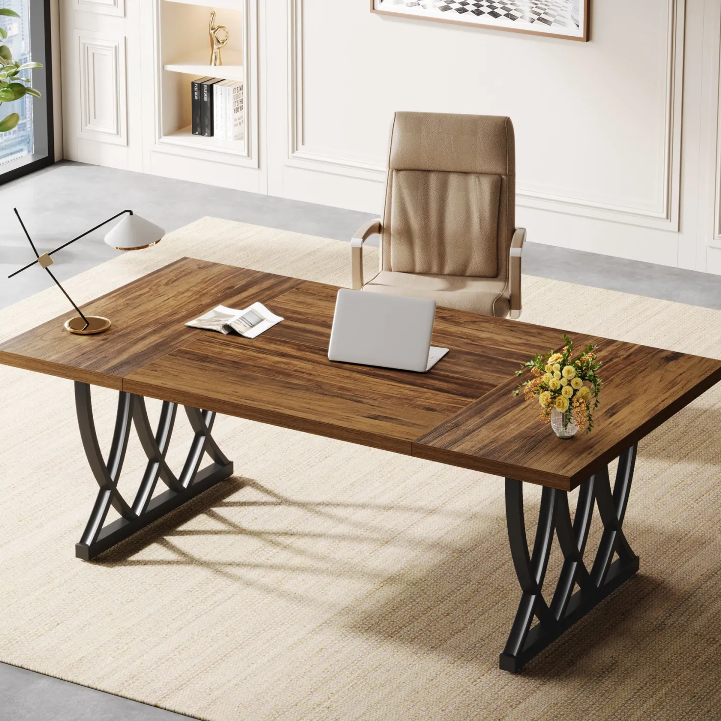 70.8" Executive Desk, Rectangle Office Computer Desk with Thick Metal Frame