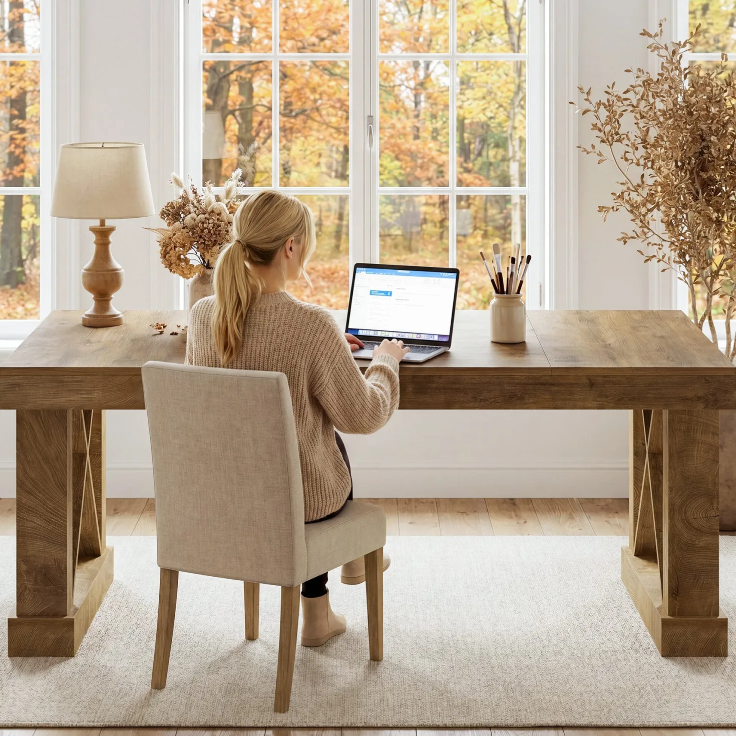 63" Executive Office Desk, Farmhouse Computer Desk with Heavy-Duty Frame for Home Office