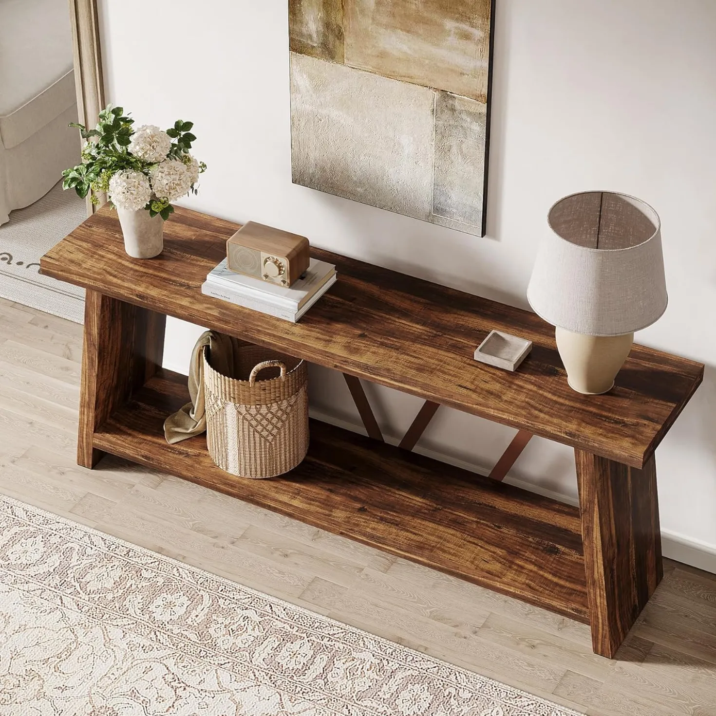 70.86" Extra Long Console Table, 2-Tier Wooden Sofa Table with Storage