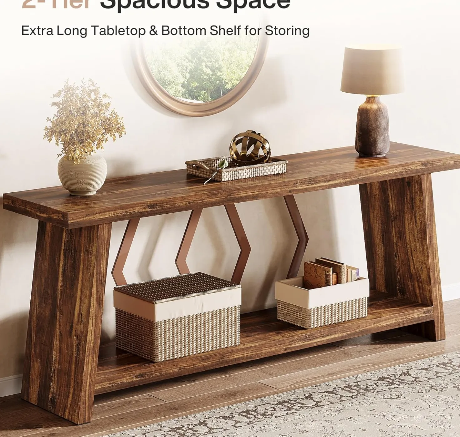 70.86" Extra Long Console Table, 2-Tier Wooden Sofa Table with Storage