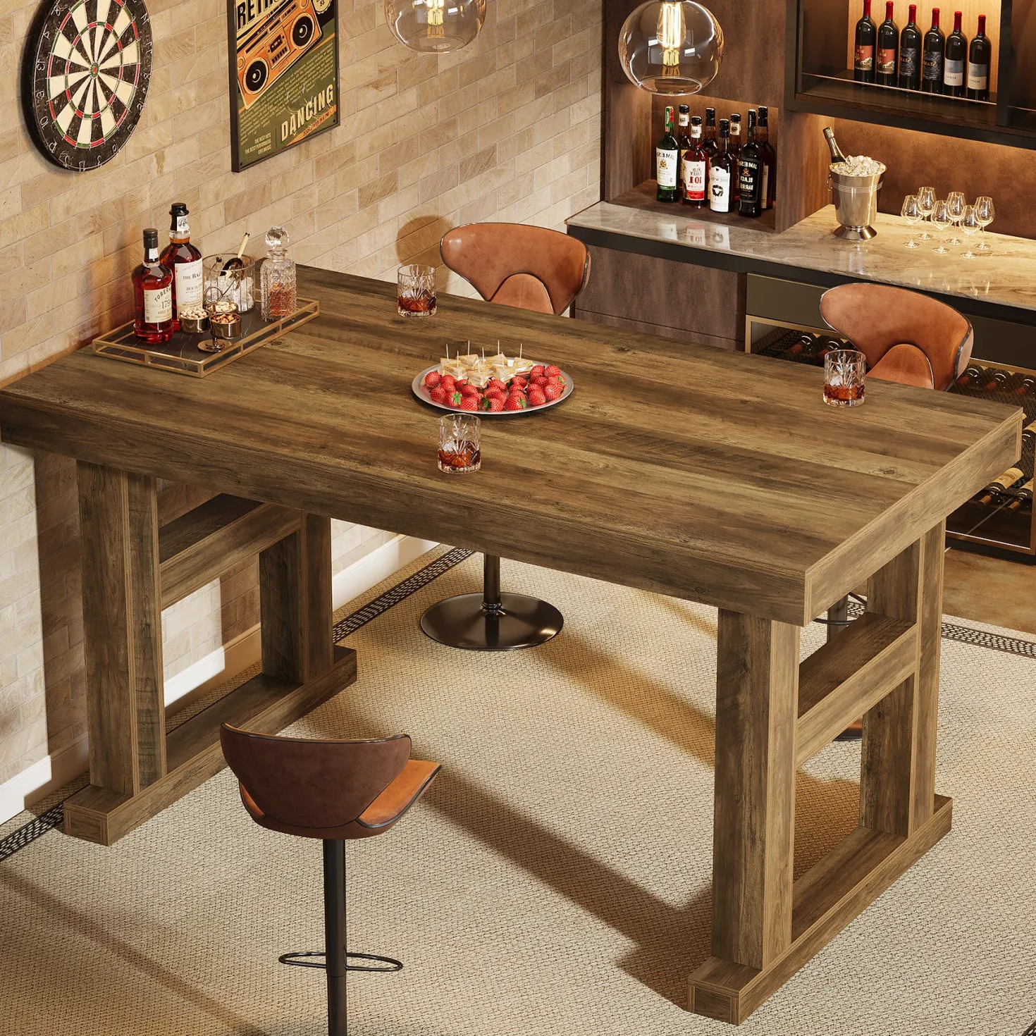 63" Farmhouse Bar Table, Counter Height Pub Table for 4-6 People with Sturdy H-Frame Legs