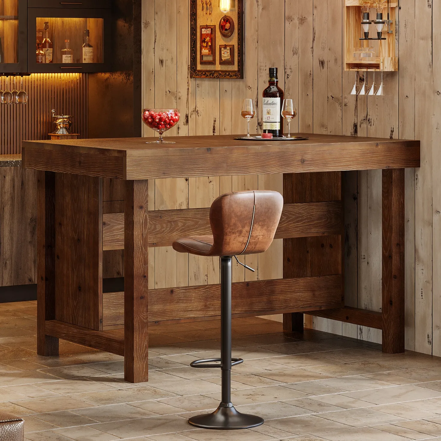 55" Farmhouse Bar Table, 3-Tier Solid Wood Bar Unit with Open Storage Shelves