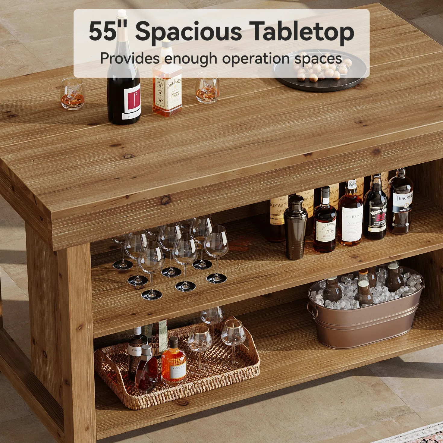 55" Farmhouse Bar Table, 3-Tier Solid Wood Bar Unit with Open Storage Shelves