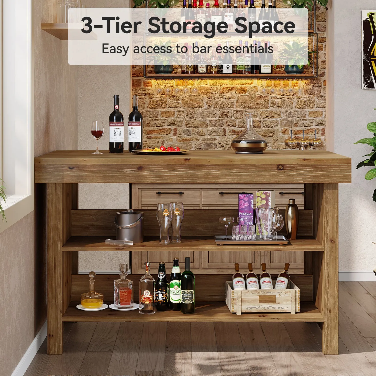 55" Farmhouse Bar Table, 3-Tier Solid Wood Bar Unit with Open Storage Shelves