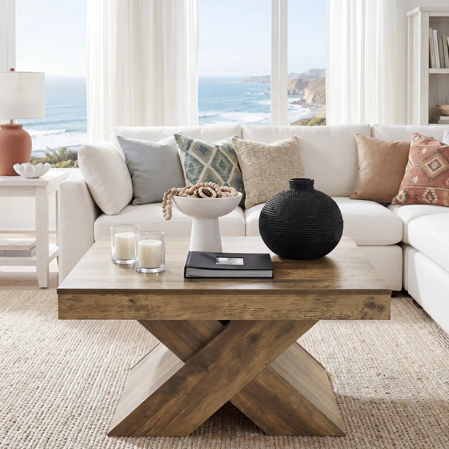31.5" Farmhouse Coffee Table, Accent Center Table with X-Base for Living Room