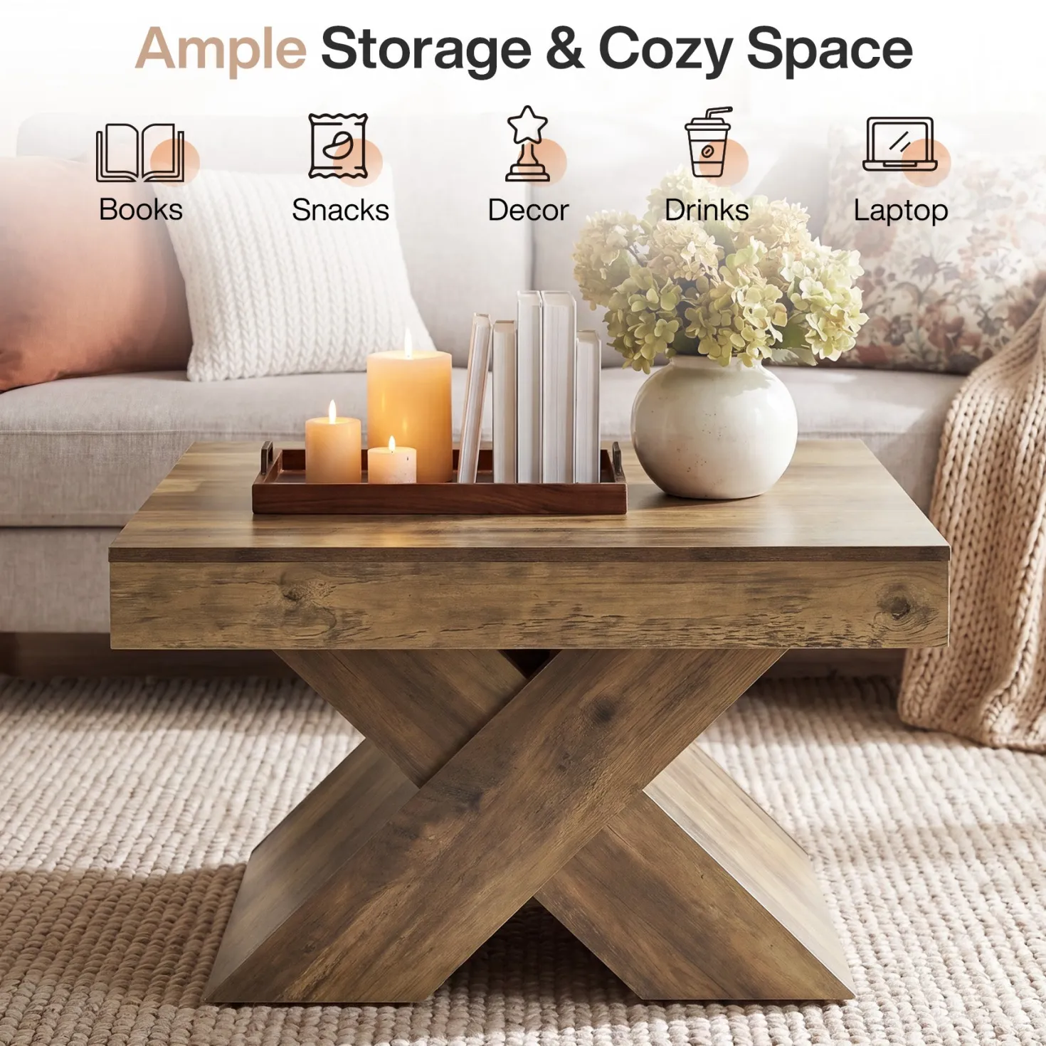 31.5" Farmhouse Coffee Table, Accent Center Table with X-Base for Living Room