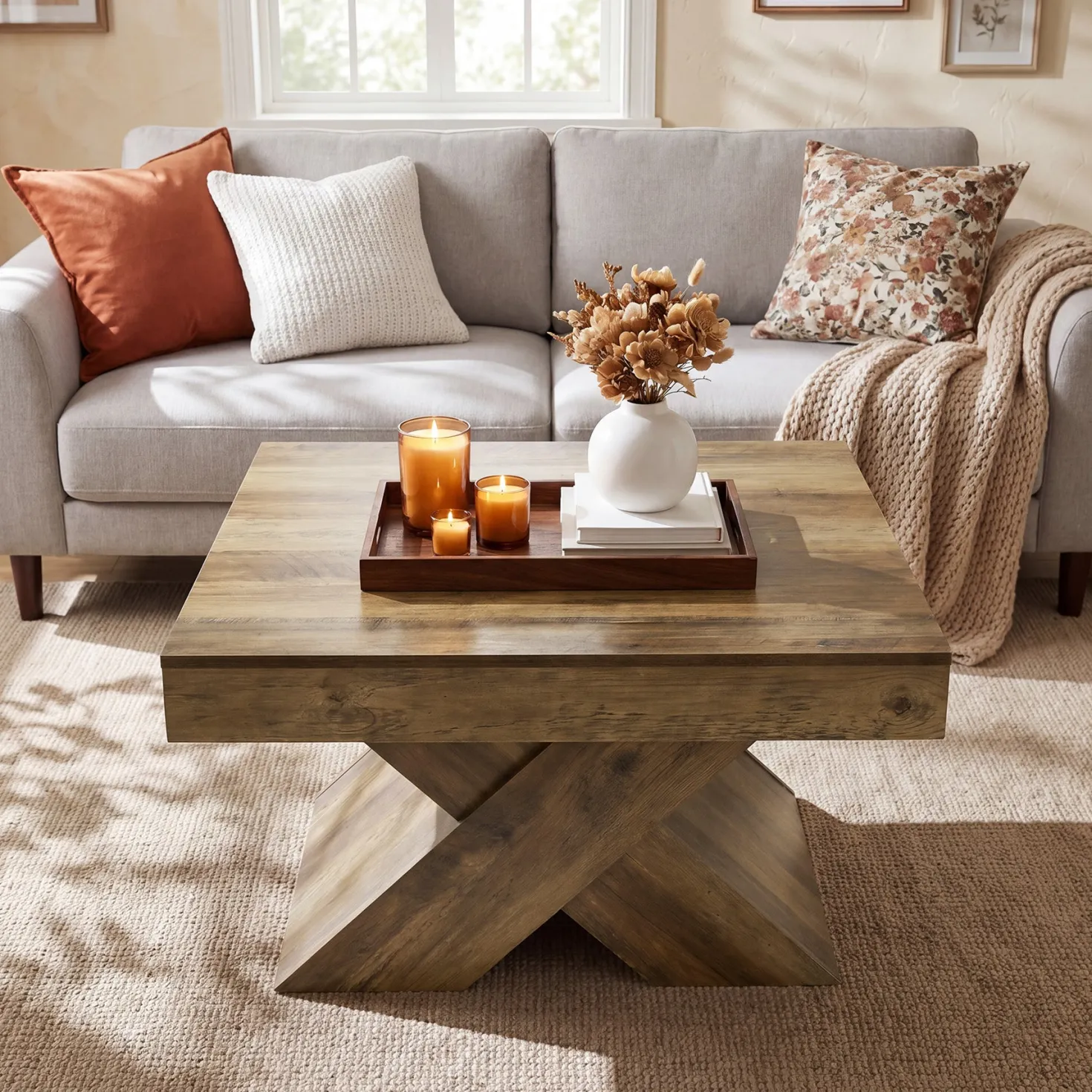 31.5" Farmhouse Coffee Table, Accent Center Table with X-Base for Living Room