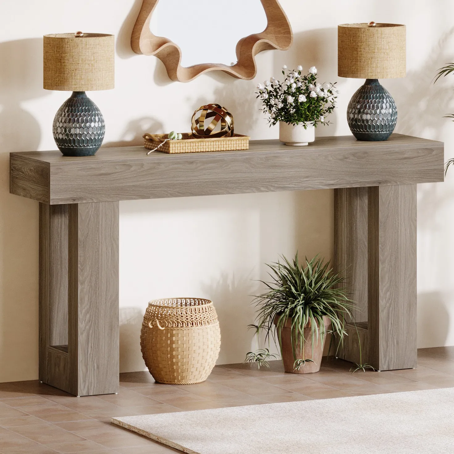 63" Farmhouse Console Table, Long Rectangular Sofa Table for Entryway