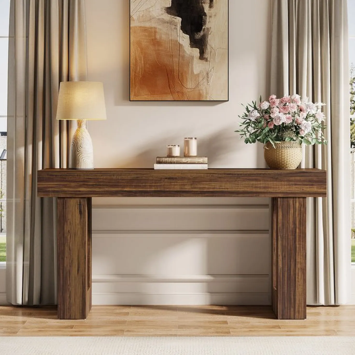 63" Farmhouse Console Table, Long Rectangular Sofa Table for Entryway