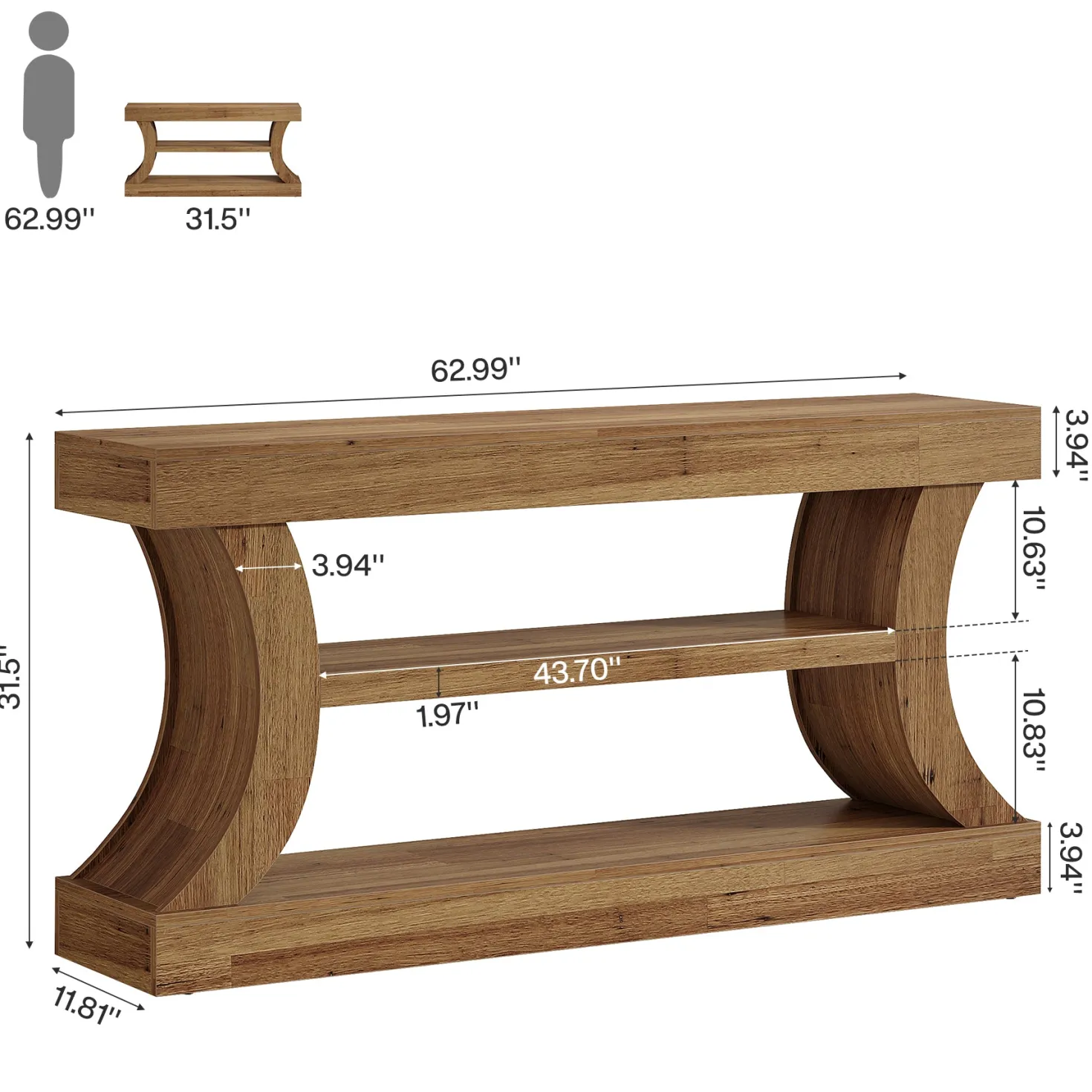 63" Farmhouse Console Table with Storage, Curved Entryway Sofa Table & TV Console with 3-Tier Shelves