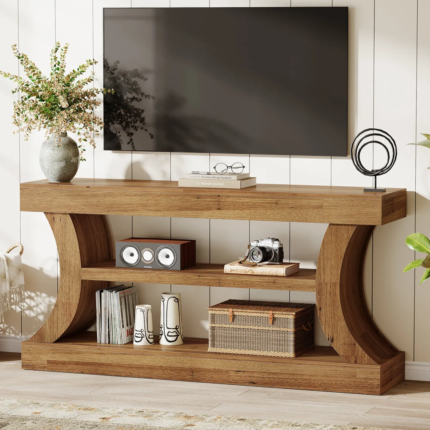 63" Farmhouse Console Table with Storage, Curved Entryway Sofa Table & TV Console with 3-Tier Shelves
