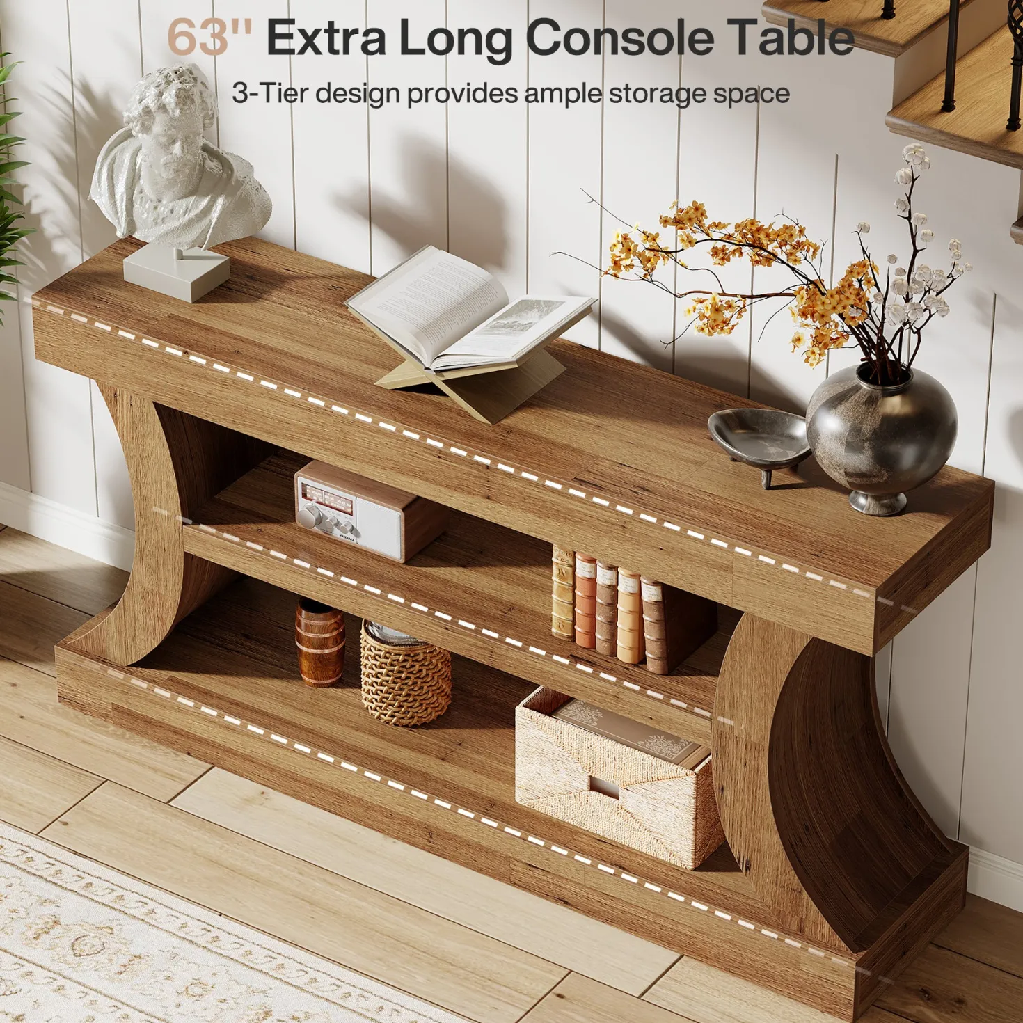 63" Farmhouse Console Table with Storage, Curved Entryway Sofa Table & TV Console with 3-Tier Shelves