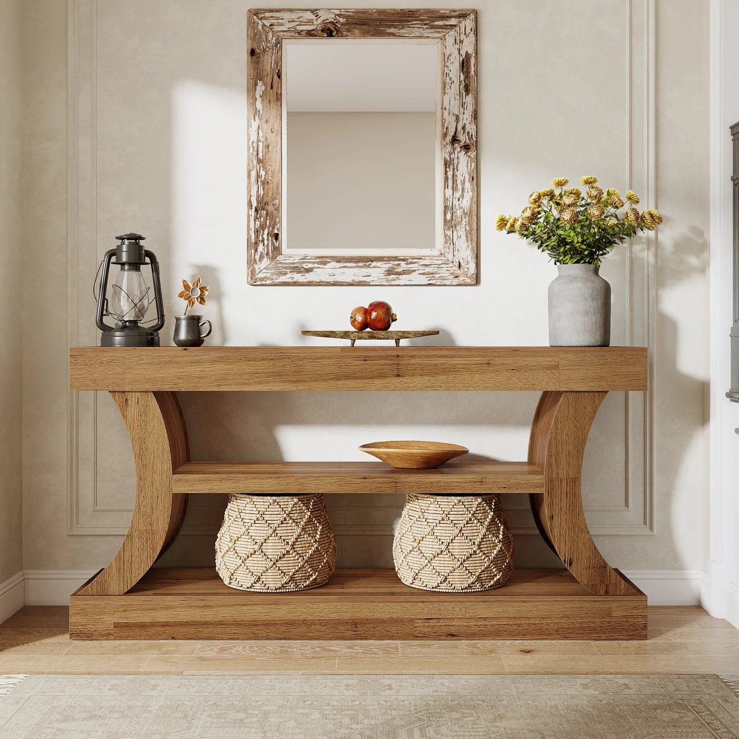63" Farmhouse Console Table with Storage, Curved Entryway Sofa Table & TV Console with 3-Tier Shelves