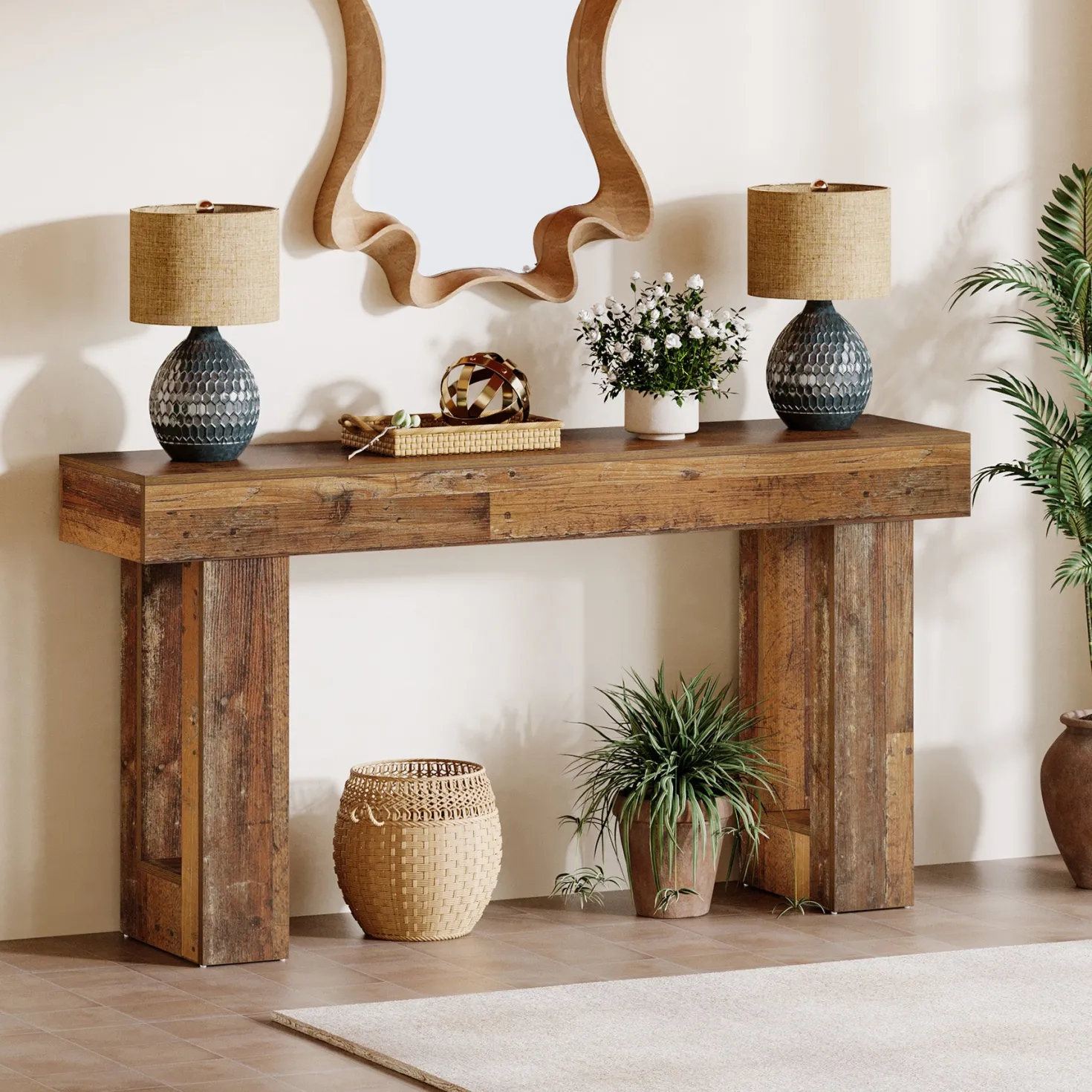 63" Farmhouse Console Table, Long Wooden Sofa Table for Entryway