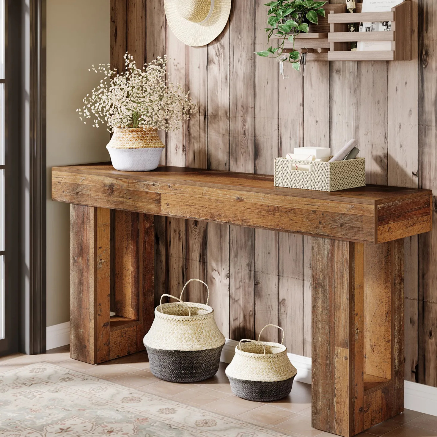 63" Farmhouse Console Table, Long Wooden Sofa Table for Entryway